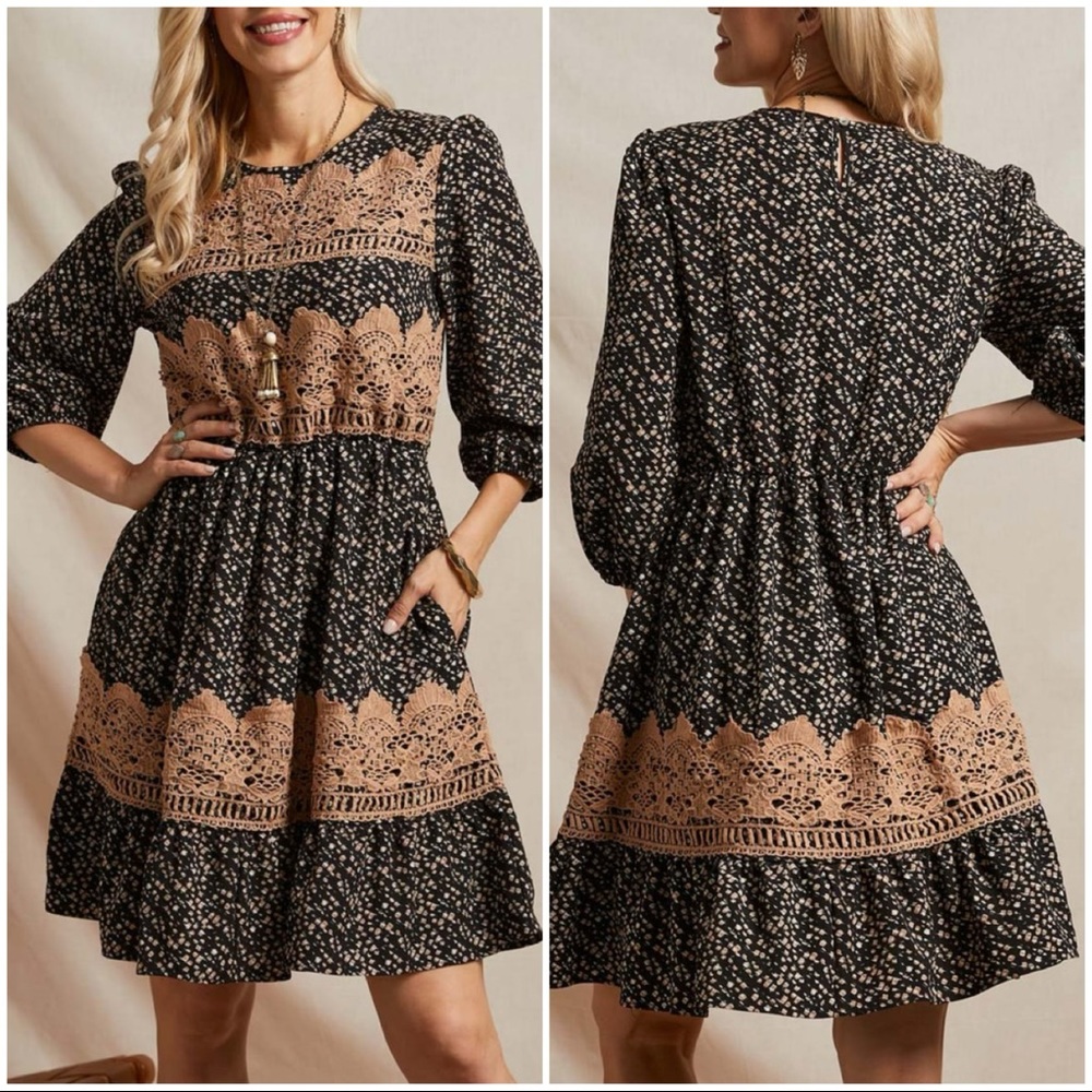 Black and Beige Floral Lace Contrast Pocket A-Line Dress Size Small